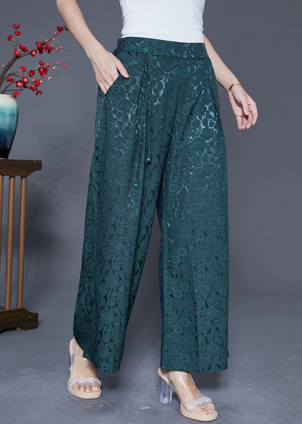 Blackish Green Silk Straight Pants High Waist Tassel Summer LY5415 - fabuloryshop