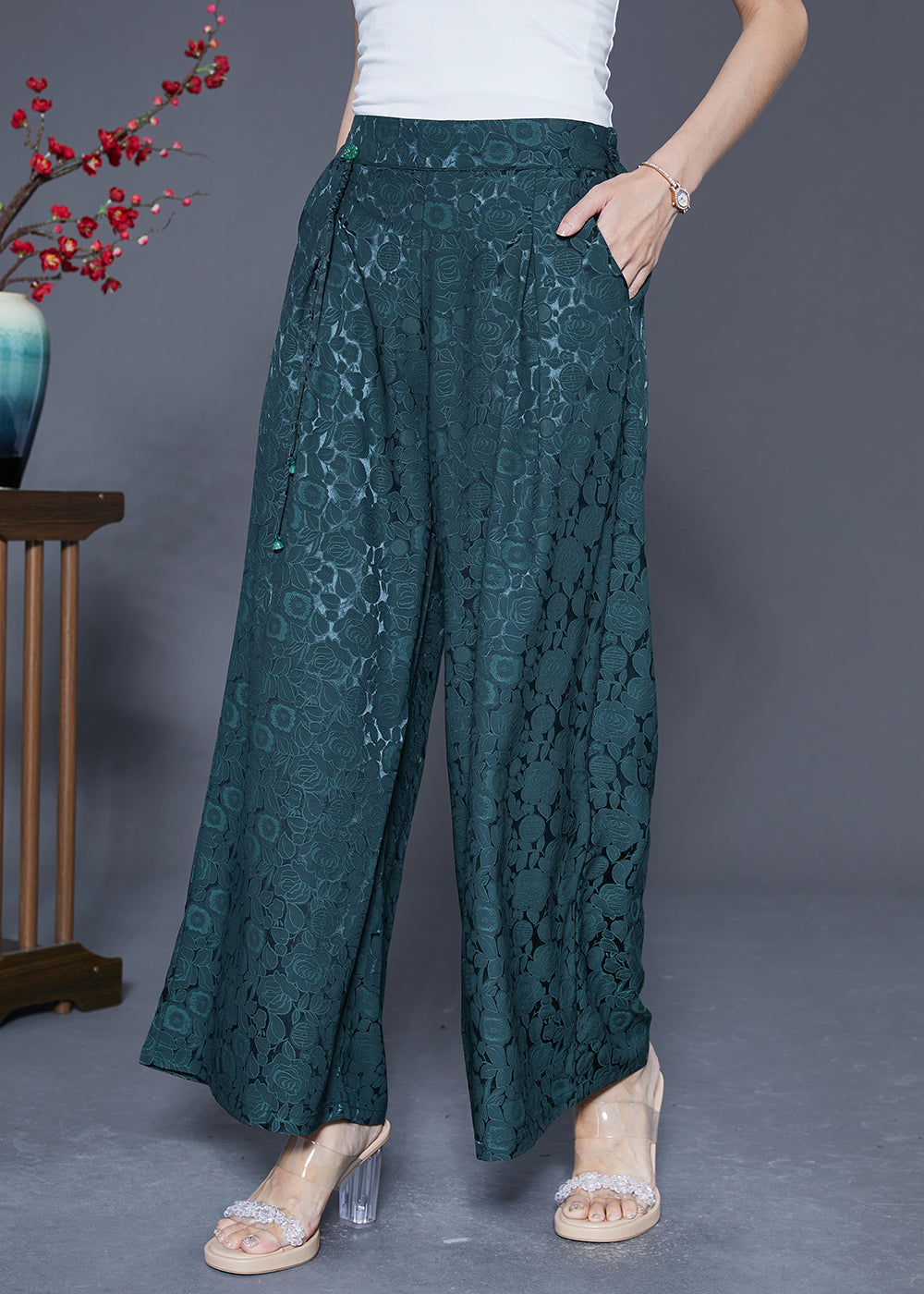 Blackish Green Silk Straight Pants High Waist Tassel Summer LY5415 - fabuloryshop