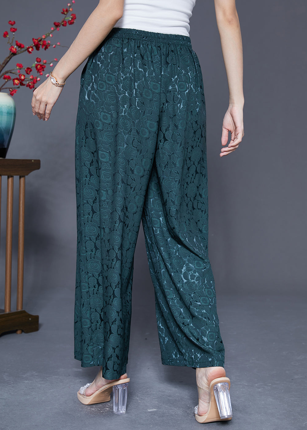 Blackish Green Silk Straight Pants High Waist Tassel Summer LY5415 - fabuloryshop