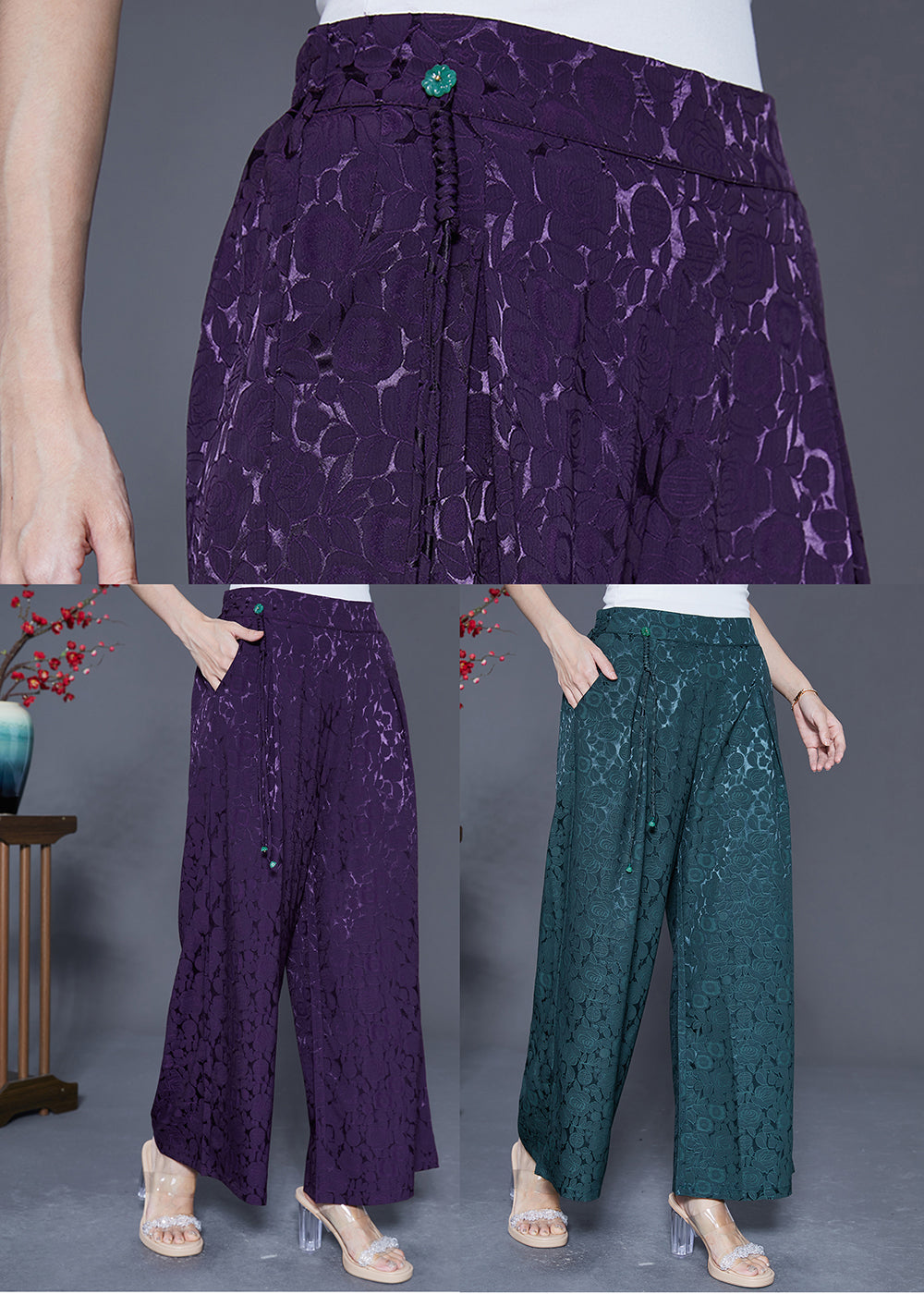 Blackish Green Silk Straight Pants High Waist Tassel Summer LY5415 - fabuloryshop