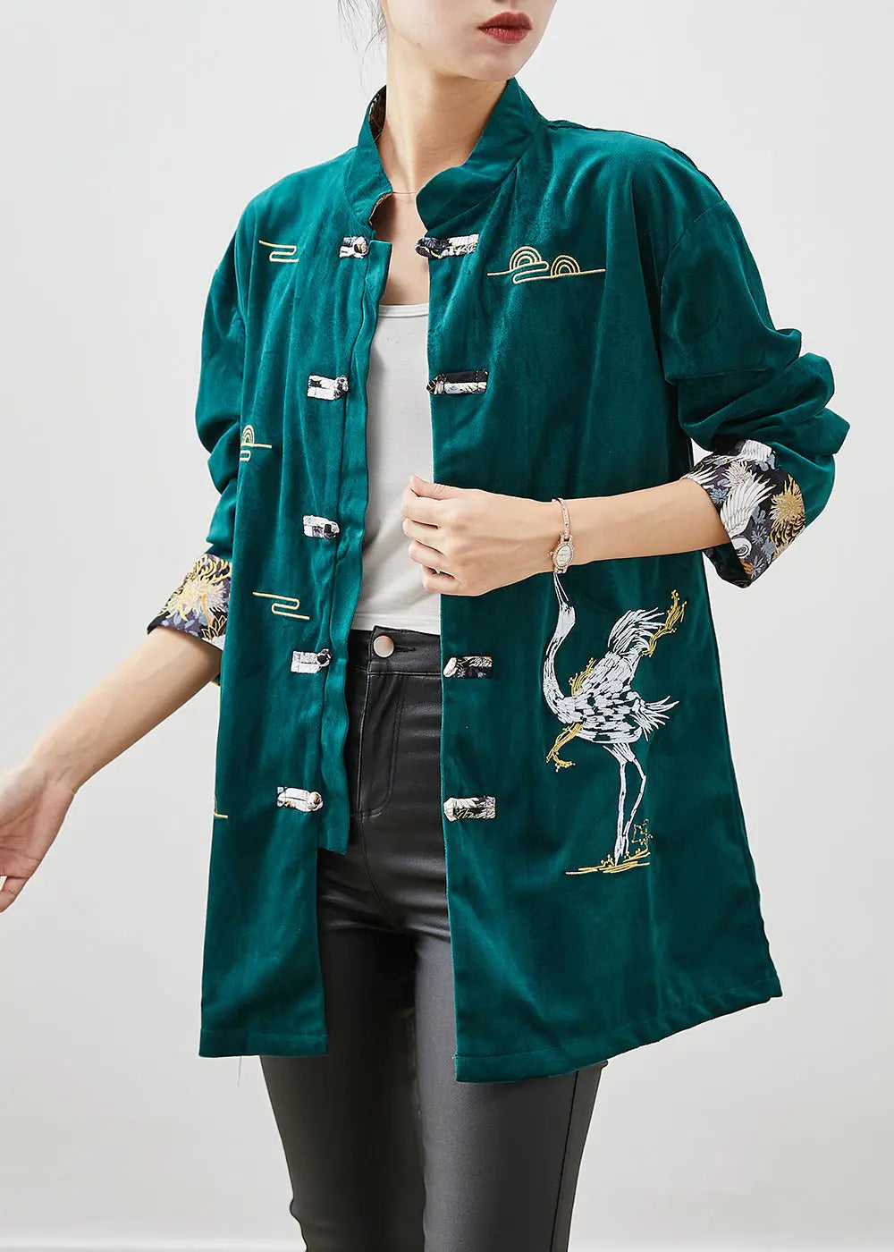 Blackish Green Silk Velour Jackets Embroidered Chinese Button Fall Ada Fashion