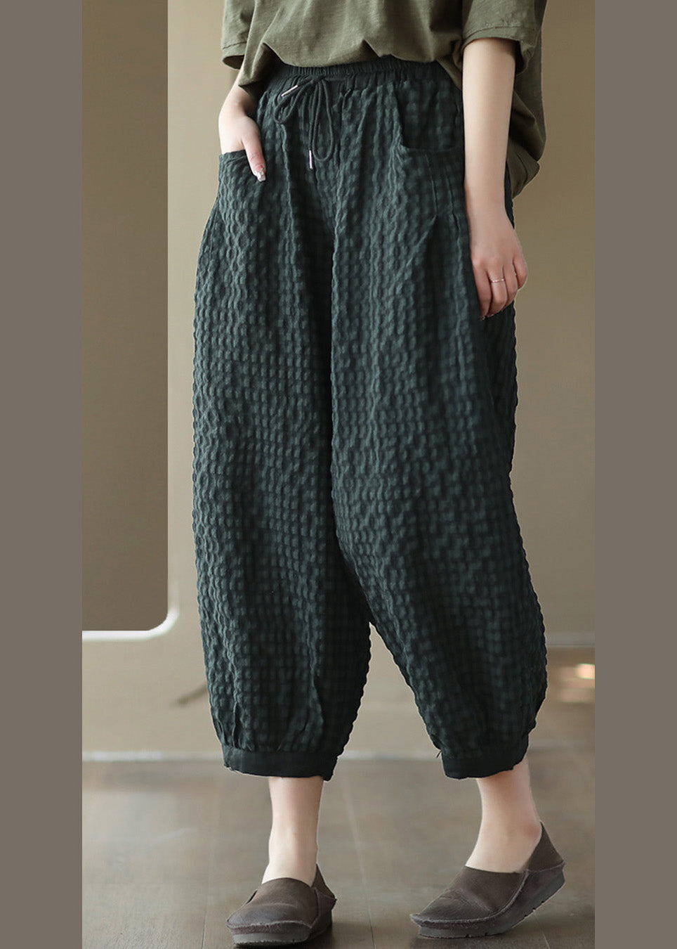 Blackish Green Tie Waist Cozy Crop Pants LY6921 Ada Fashion