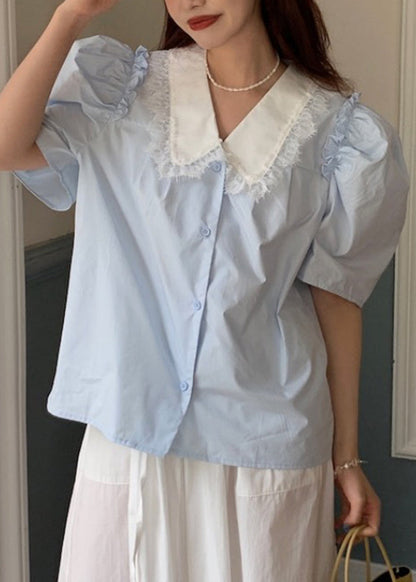 Blue Button Cotton Shirts Puff Sleeve LY2645 - fabuloryshop