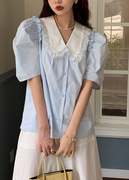 Blue Button Cotton Shirts Puff Sleeve LY2645 - fabuloryshop