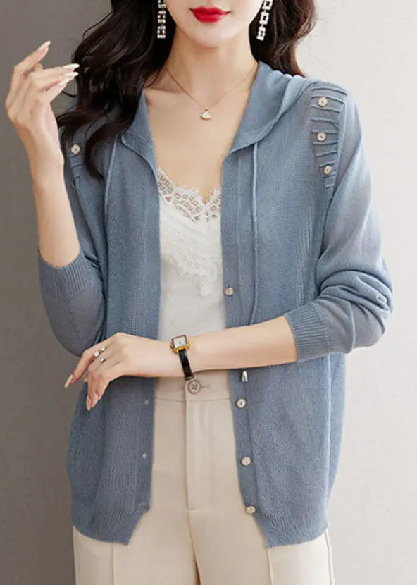 Blue Button Cozy Hooded Ice Size Knit Cardigan Fall Ada Fashion