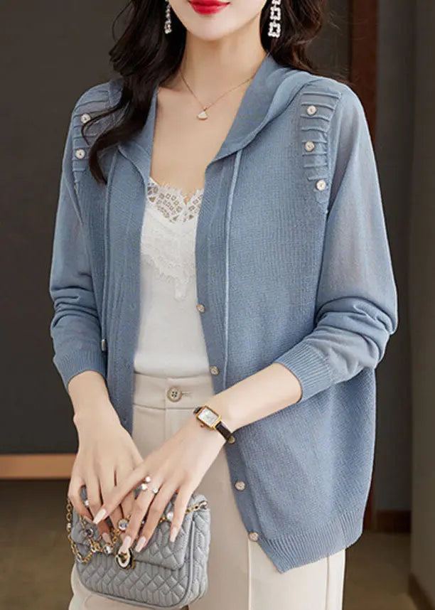 Blue Button Cozy Hooded Ice Size Knit Cardigan Fall Ada Fashion