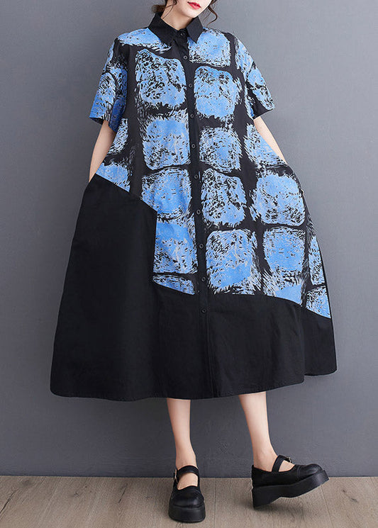 Blue Button Long Shirt Dress Short Sleeve LY3052 - fabuloryshop