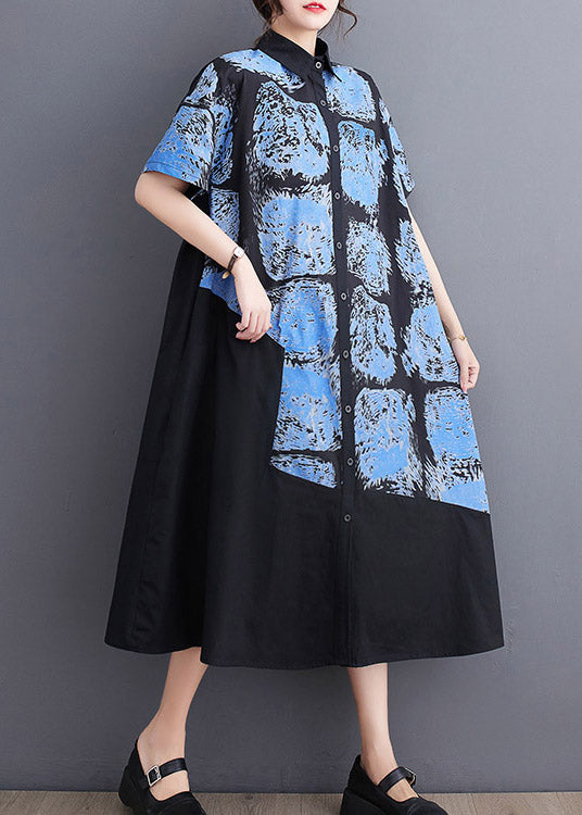 Blue Button Long Shirt Dress Short Sleeve LY3052 - fabuloryshop