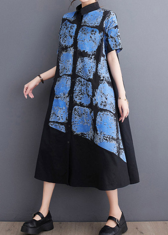 Blue Button Long Shirt Dress Short Sleeve LY3052 - fabuloryshop