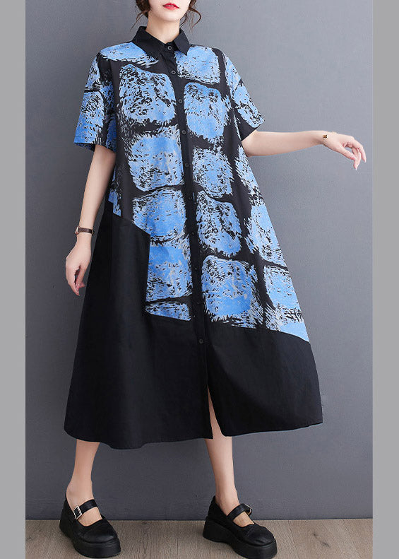 Blue Button Long Shirt Dress Short Sleeve LY3052 - fabuloryshop