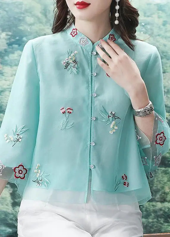 Blue Button Patchwork Shirt Top Embroideried Half Sleeve Ada Fashion