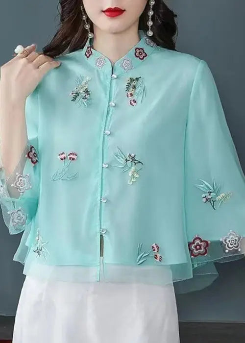 Blue Button Patchwork Shirt Top Embroideried Half Sleeve Ada Fashion