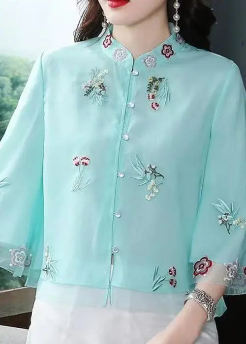 Blue Button Patchwork Shirt Top Embroideried Half Sleeve Ada Fashion