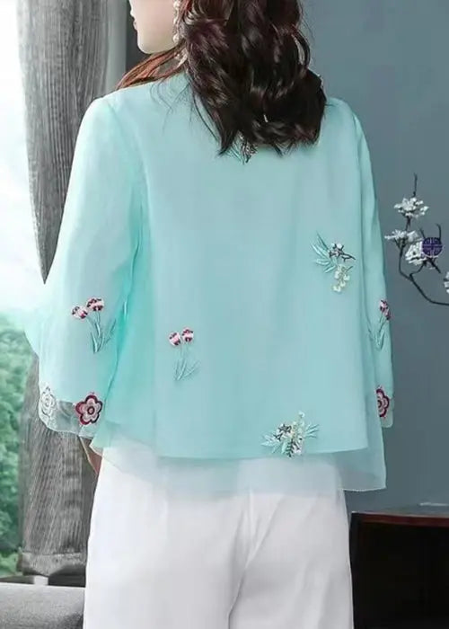 Blue Button Patchwork Shirt Top Embroideried Half Sleeve Ada Fashion