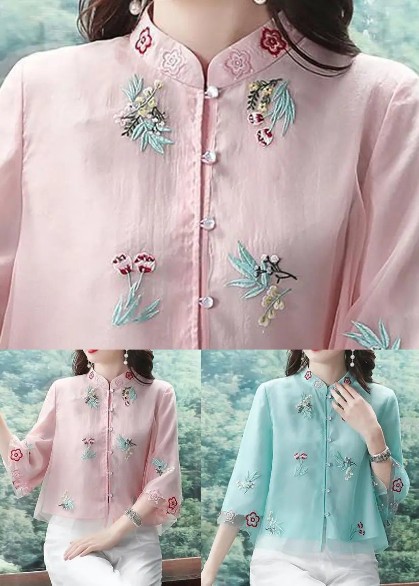 Blue Button Patchwork Shirt Top Embroideried Half Sleeve Ada Fashion