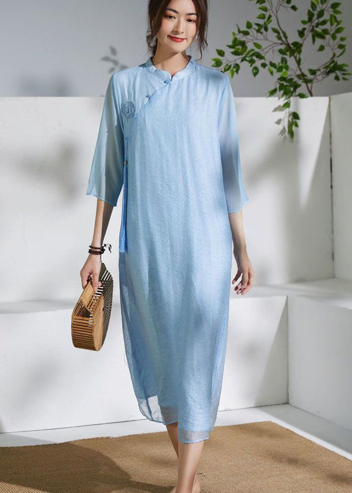 Blue Chinese Button Patchwork Silk Dress Tasseled Summer LY2489 - fabuloryshop
