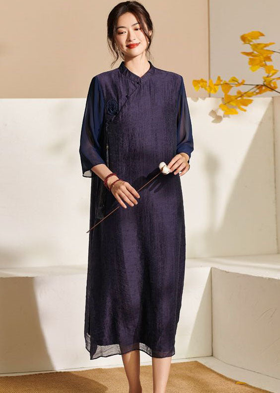 Blue Chinese Button Patchwork Silk Dress Tasseled Summer LY2489 - fabuloryshop
