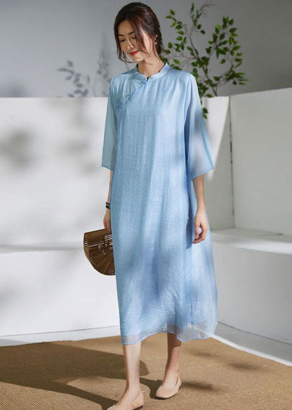 Blue Chinese Button Patchwork Silk Dress Tasseled Summer LY2489 - fabuloryshop