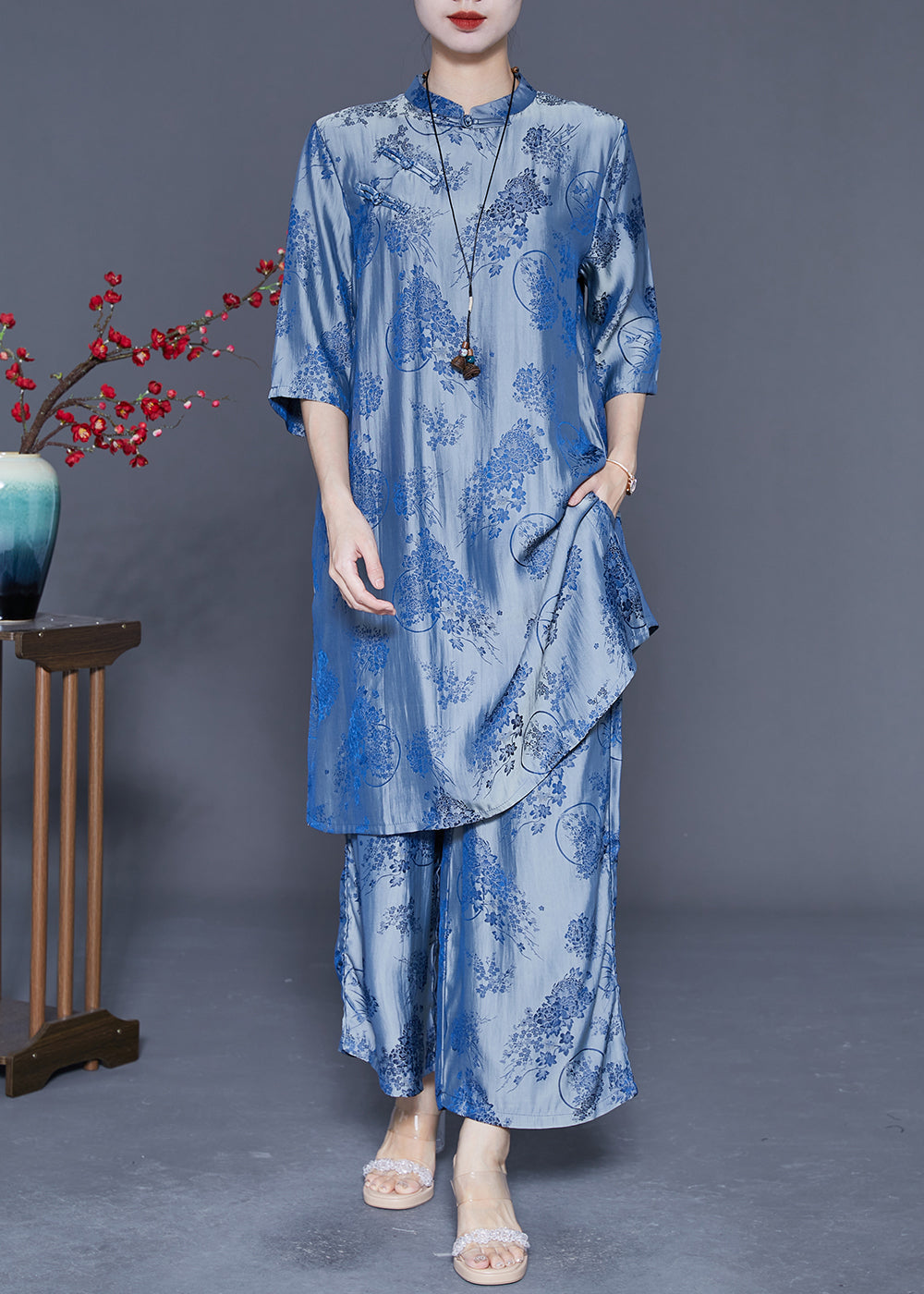 Blue Chinese Style Silk Two Pieces Set Chinese Button Half Sleeve LY4168 - fabuloryshop