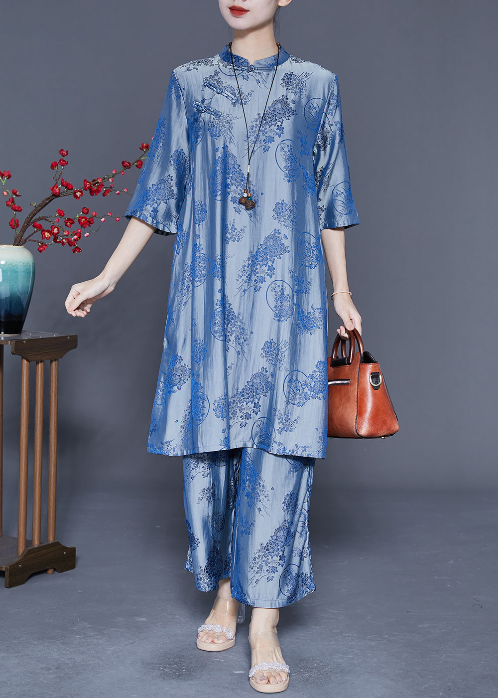 Blue Chinese Style Silk Two Pieces Set Chinese Button Half Sleeve LY4168 - fabuloryshop