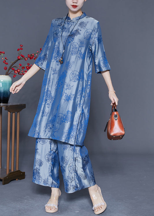 Blue Chinese Style Silk Two Pieces Set Chinese Button Half Sleeve LY4168 - fabuloryshop