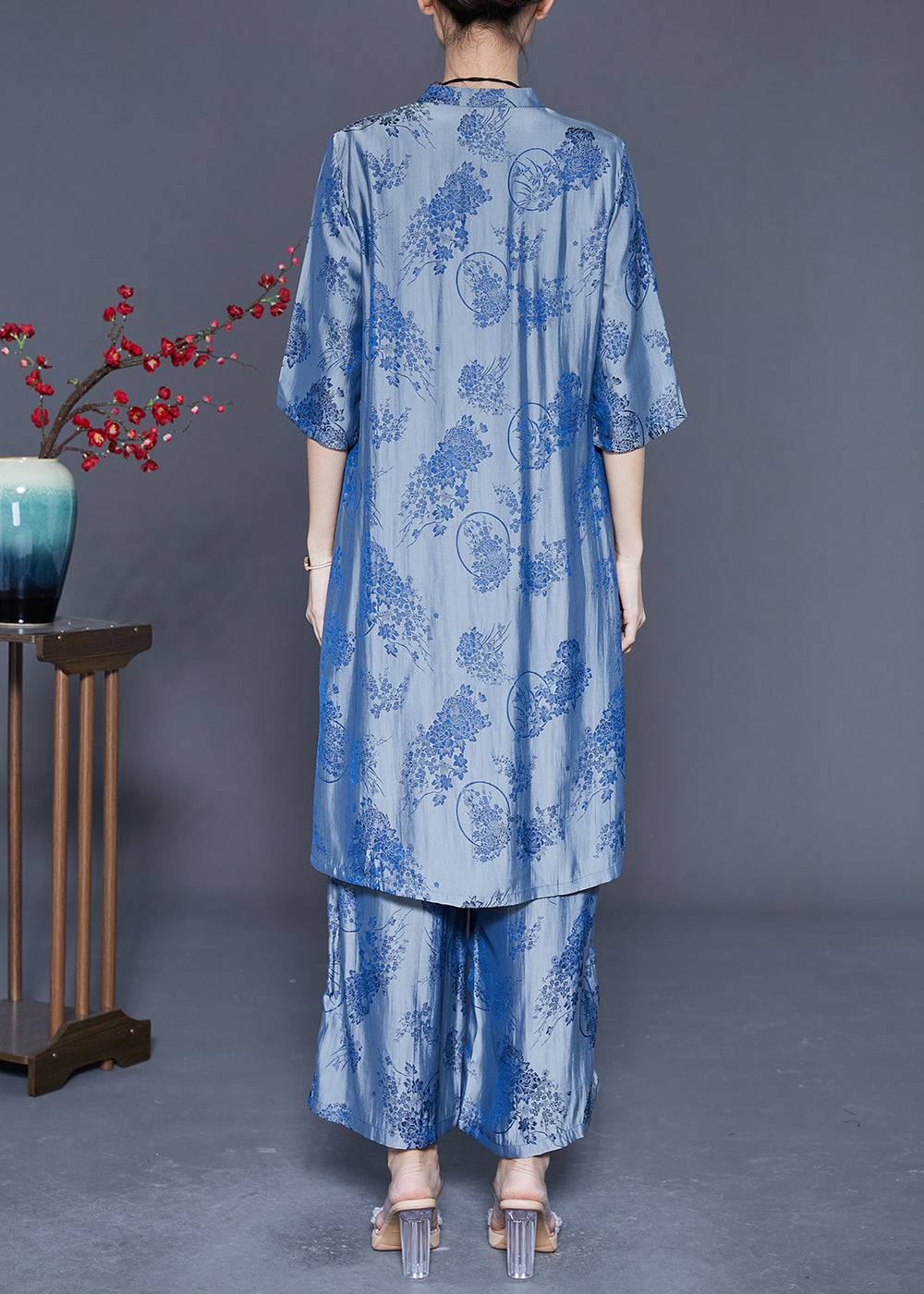 Blue Chinese Style Silk Two Pieces Set Chinese Button Half Sleeve LY4168 - fabuloryshop