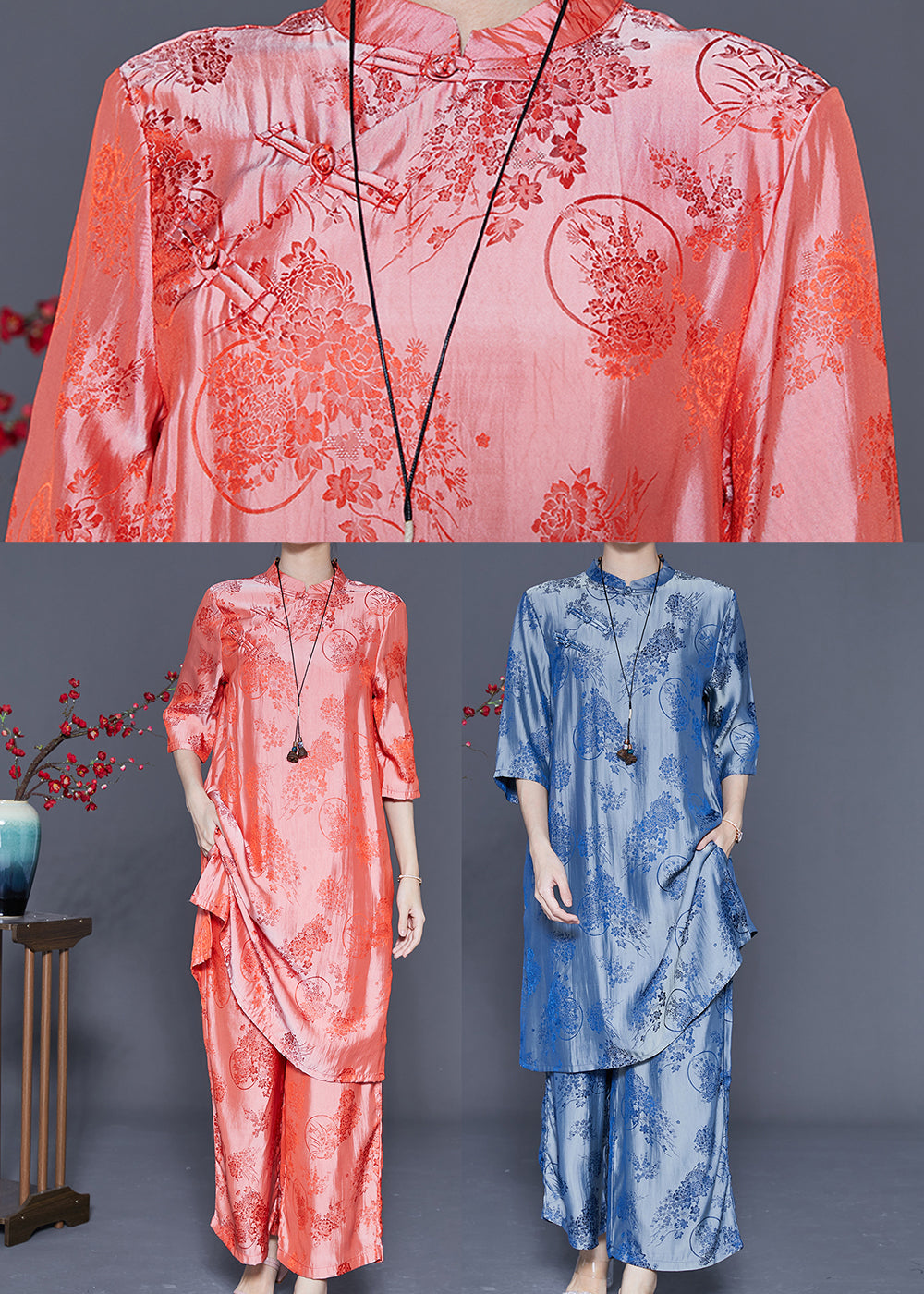 Blue Chinese Style Silk Two Pieces Set Chinese Button Half Sleeve LY4168 - fabuloryshop