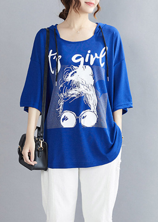 Blue Cinched Cotton Hooded T Shirt Summer LY3998 - fabuloryshop