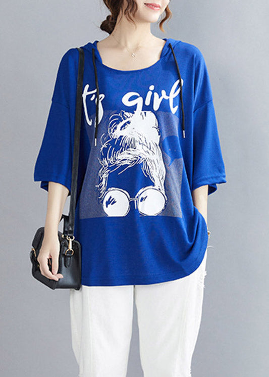 Blue Cinched Cotton Hooded T Shirt Summer LY3998 - fabuloryshop