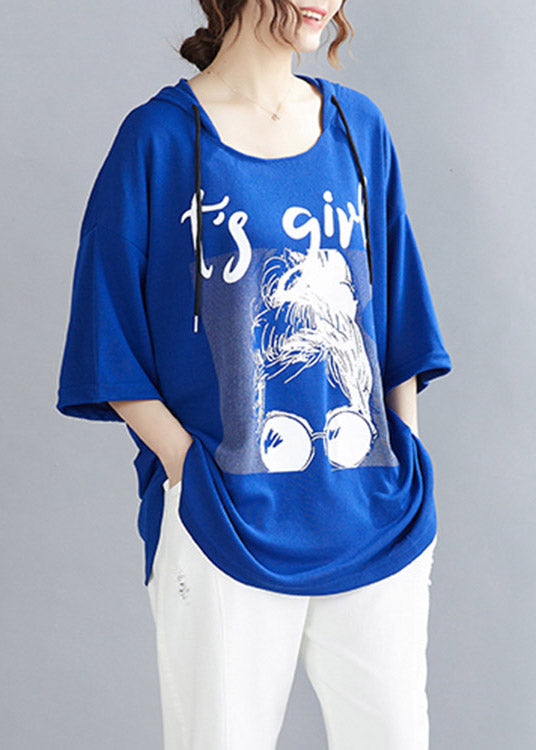 Blue Cinched Cotton Hooded T Shirt Summer LY3998 - fabuloryshop