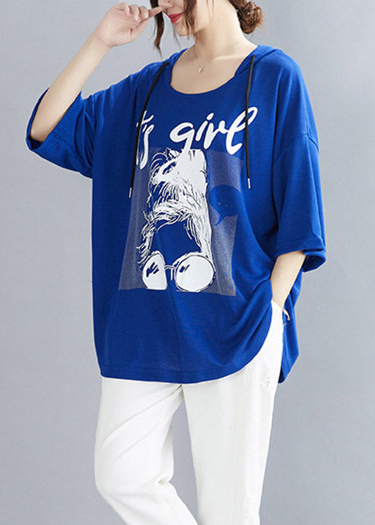 Blue Cinched Cotton Hooded T Shirt Summer LY3998 - fabuloryshop