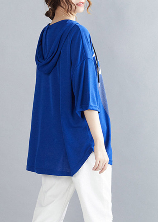 Blue Cinched Cotton Hooded T Shirt Summer LY3998 - fabuloryshop