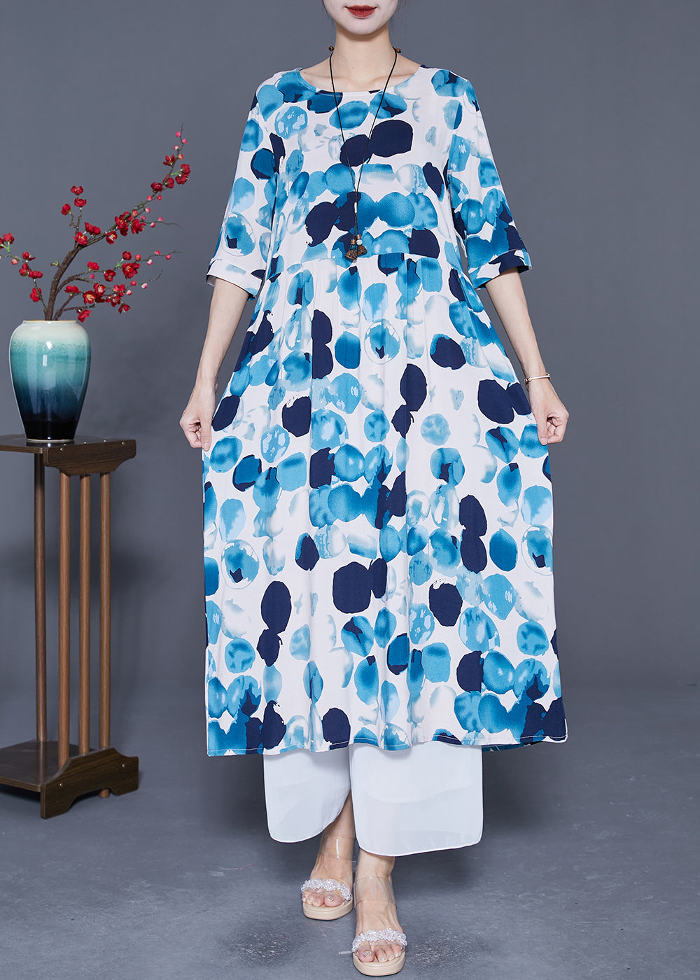 Blue Circle Print Loose Cotton Long Dresses Exra Large Hem Summer LY5388 - fabuloryshop