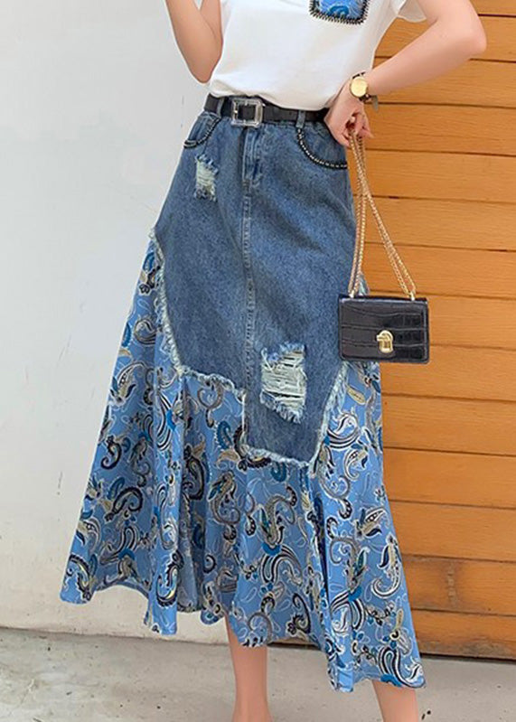 Blue Denim Patchwork High Waist Button Maxi Skir TY1013 - fabuloryshop