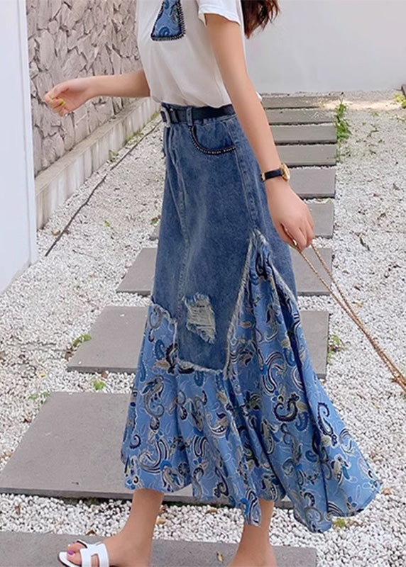 Blue Denim Patchwork High Waist Button Maxi Skir TY1013 - fabuloryshop