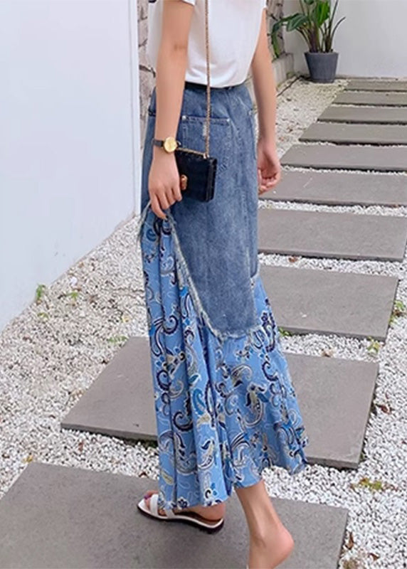 Blue Denim Patchwork High Waist Button Maxi Skir TY1013 - fabuloryshop