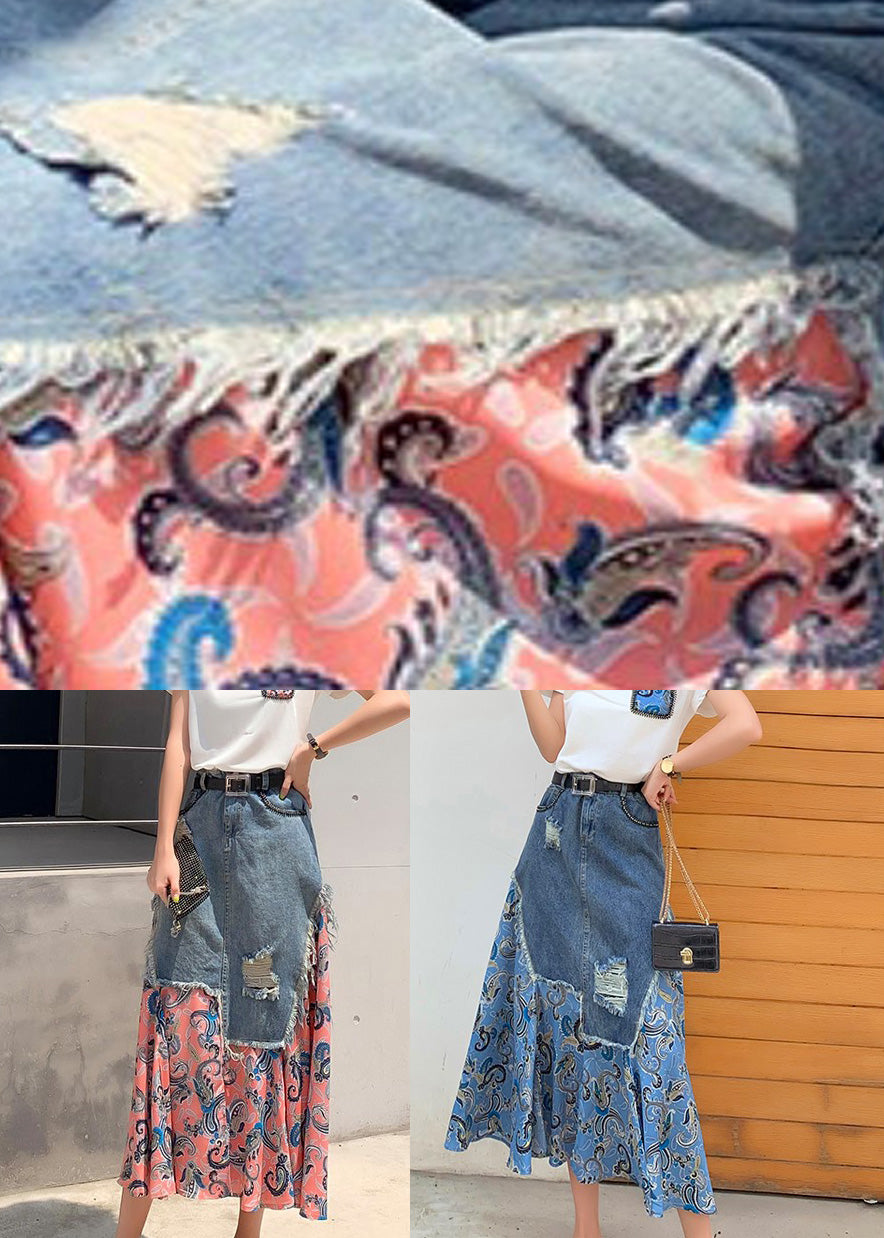 Blue Denim Patchwork High Waist Button Maxi Skir TY1013 - fabuloryshop