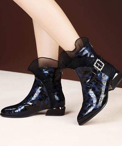 Blue Faux Leather Warm Fleece Boots Splicing Zircon Lace LY1756 - fabuloryshop