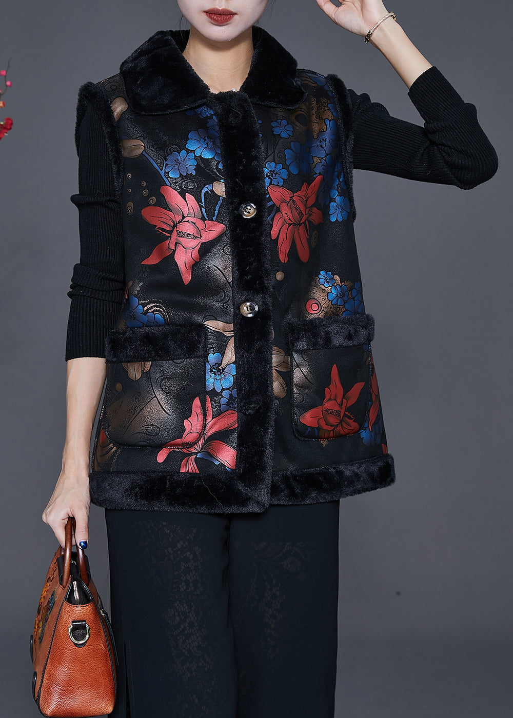 Blue Floral Print Fine Cotton Filled Vests Peter Pan Collar Winter Ada Fashion