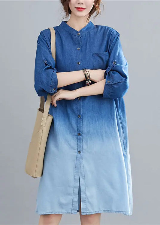 Blue Gradient Color Denim Holiday Dress Stand Collar Fall Ada Fashion