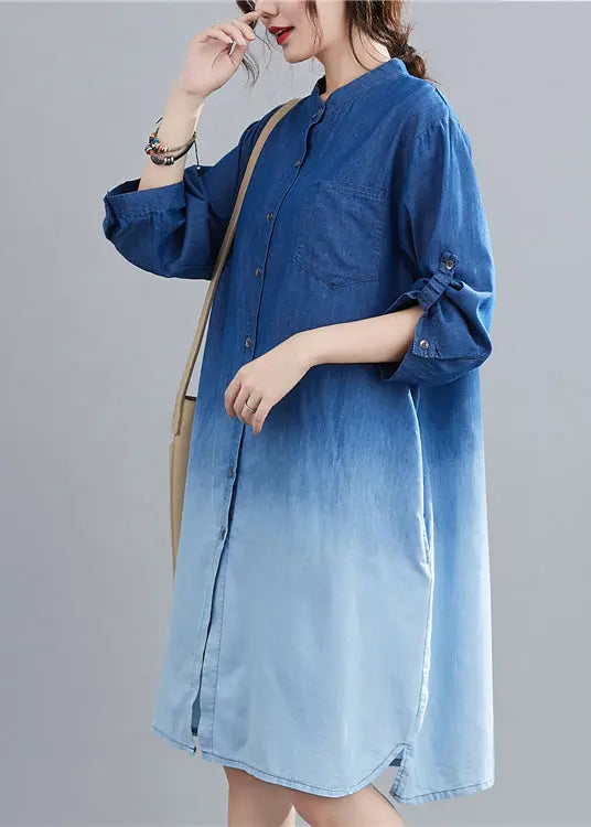 Blue Gradient Color Denim Holiday Dress Stand Collar Fall Ada Fashion
