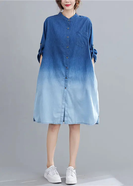 Blue Gradient Color Denim Holiday Dress Stand Collar Fall Ada Fashion