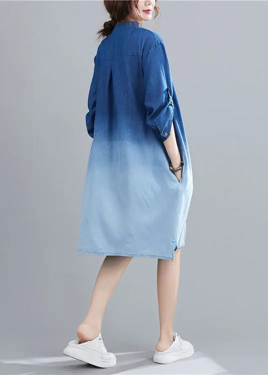 Blue Gradient Color Denim Holiday Dress Stand Collar Fall Ada Fashion