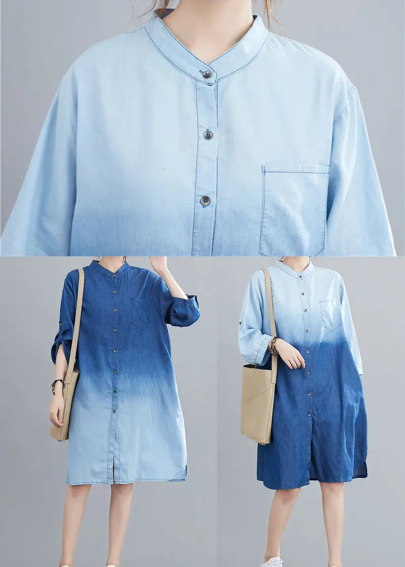 Blue Gradient Color Denim Holiday Dress Stand Collar Fall Ada Fashion