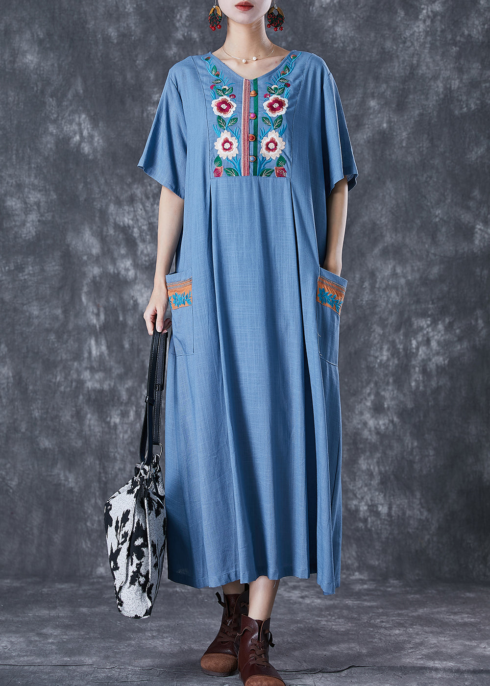 Blue Grey Linen Dress Embroideried Pockets Summer LY7108 Ada Fashion