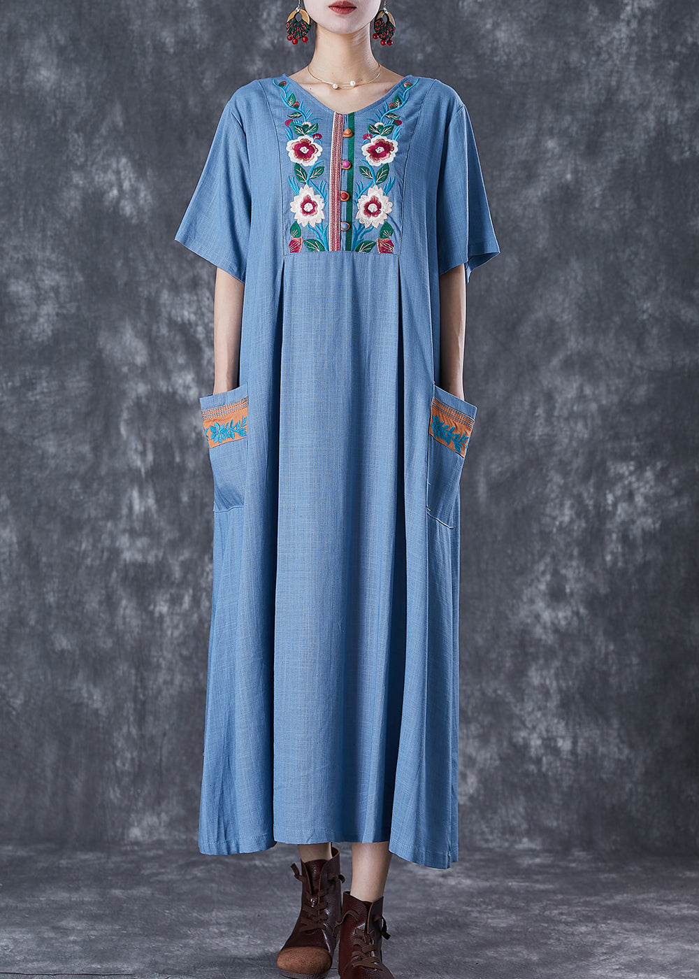 Blue Grey Linen Dress Embroideried Pockets Summer LY7108 Ada Fashion