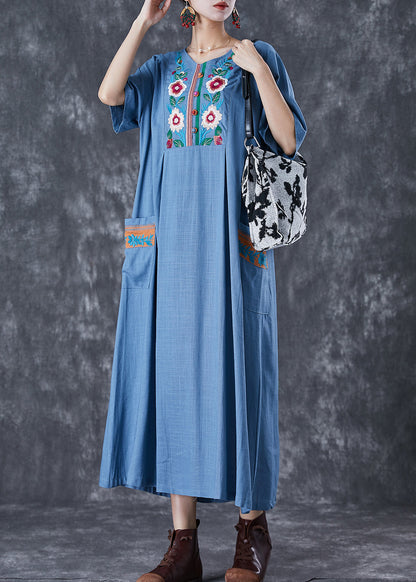 Blue Grey Linen Dress Embroideried Pockets Summer LY7108 Ada Fashion