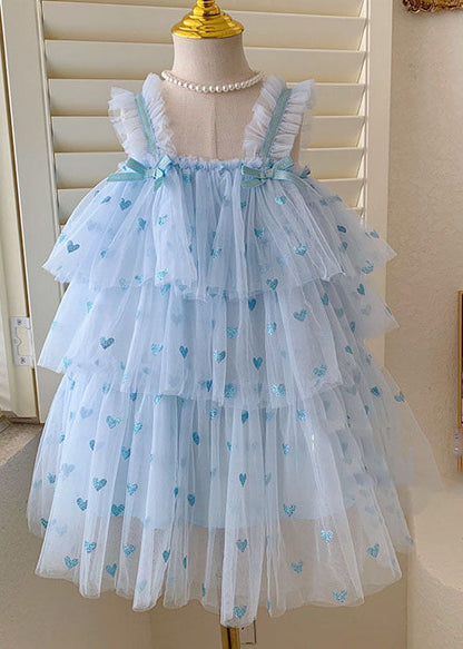 Blue Heart Patchwork Tulle Baby Girls Dresses Bow Wrinkled Sleeveless Ada Fashion