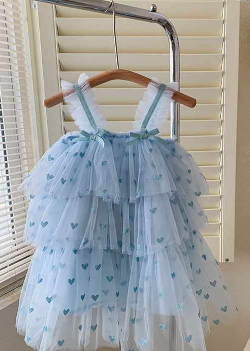 Blue Heart Patchwork Tulle Baby Girls Dresses Bow Wrinkled Sleeveless Ada Fashion