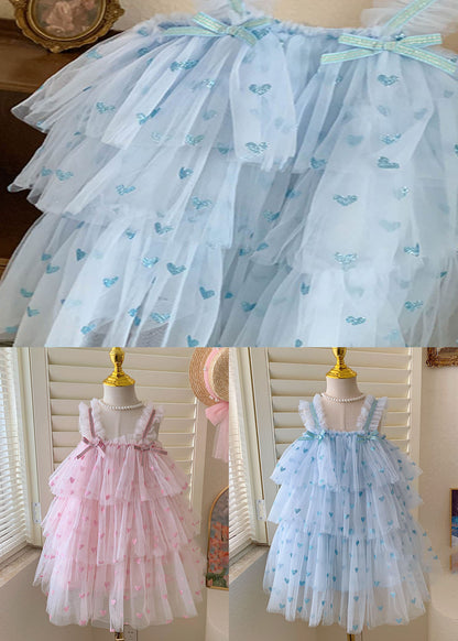 Blue Heart Patchwork Tulle Baby Girls Dresses Bow Wrinkled Sleeveless Ada Fashion